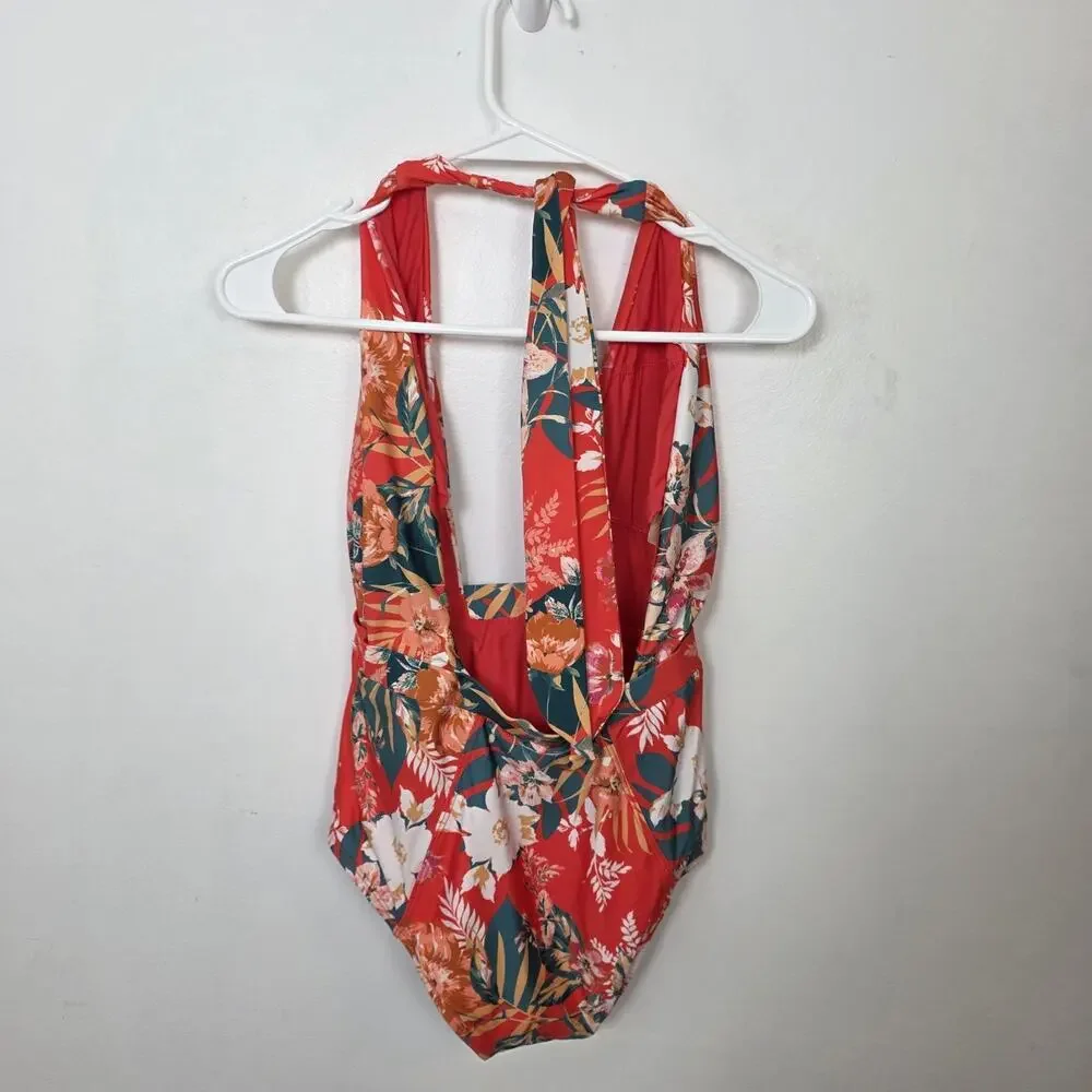 Modcloth Orange Multicolor Floral Halter Low Cut Bethany One-Piece Swimsuit Sz S